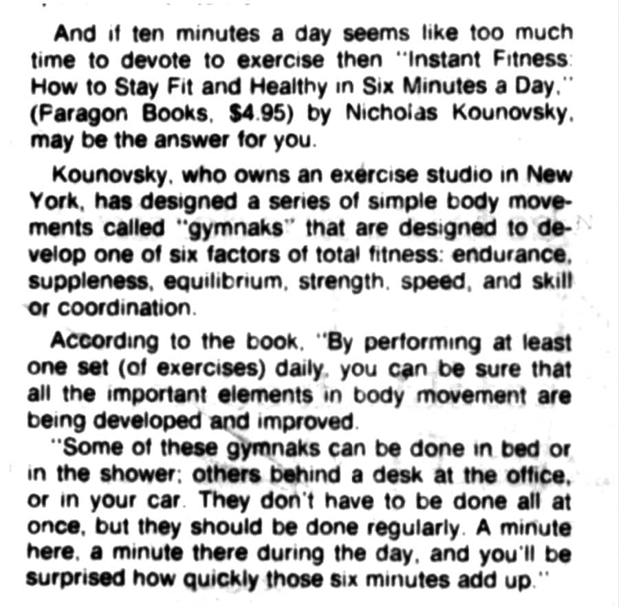 Kounovsky "Instant Fitness" book review pilates archive article