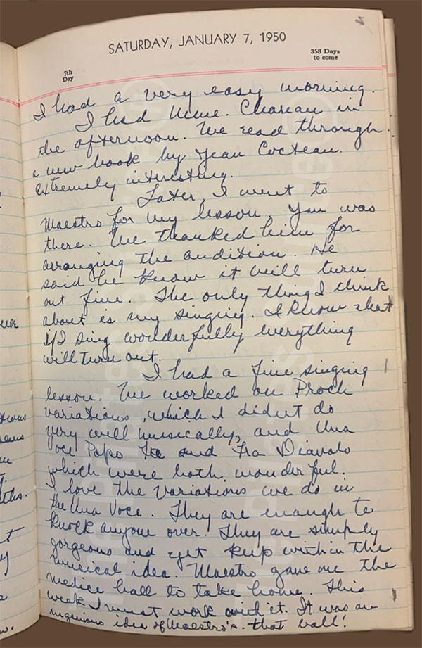Roberta Peters Personal Diary page January 7, 1950