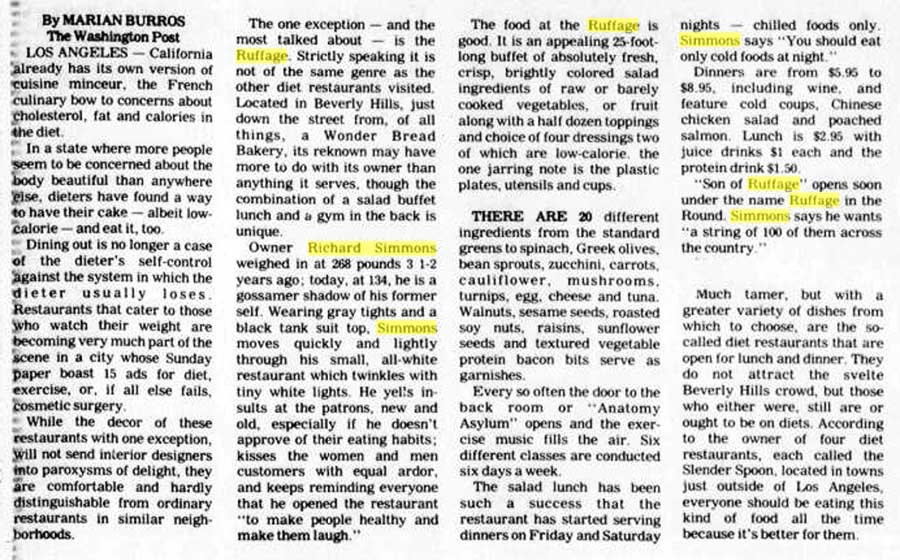 Washinton Post pilates archive article mentioning Ruffage and Richard Simmons