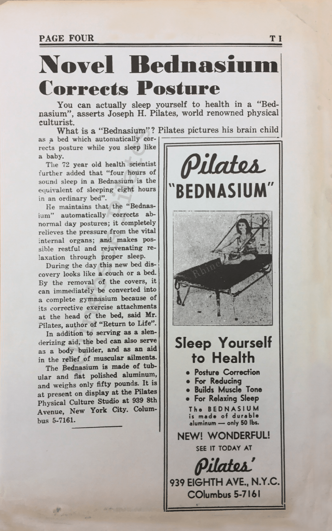 "Boosts V-shaped Bed as Better for Rest" Pilates History Archive Article