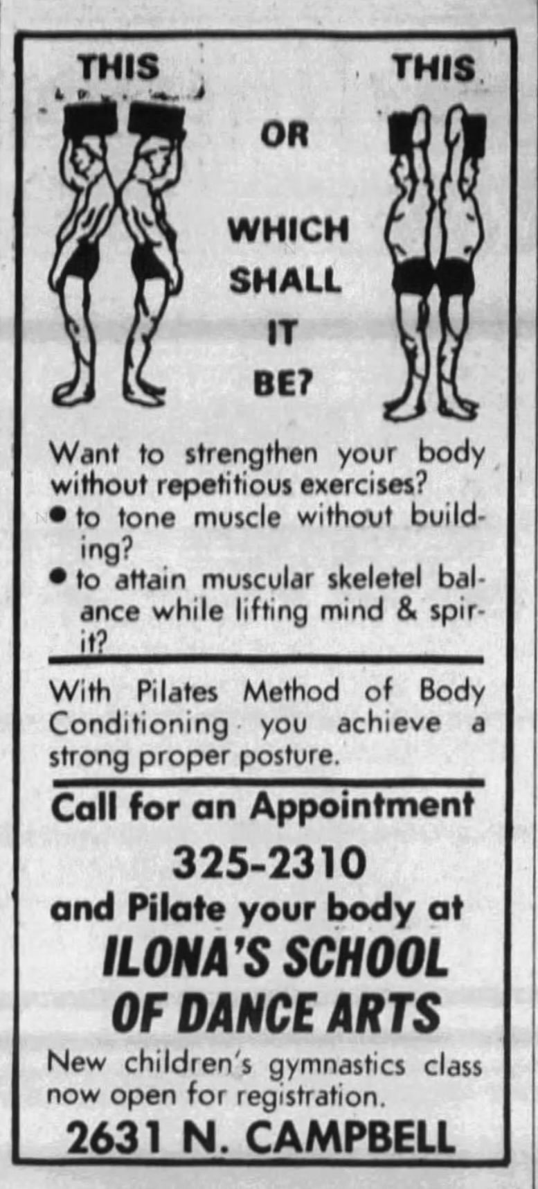 Ilona's School of Dance Pilates History Archive Advertisement
