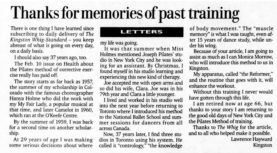 "Thanks for memories of past training: Lawrence Hayward pilates history archive article